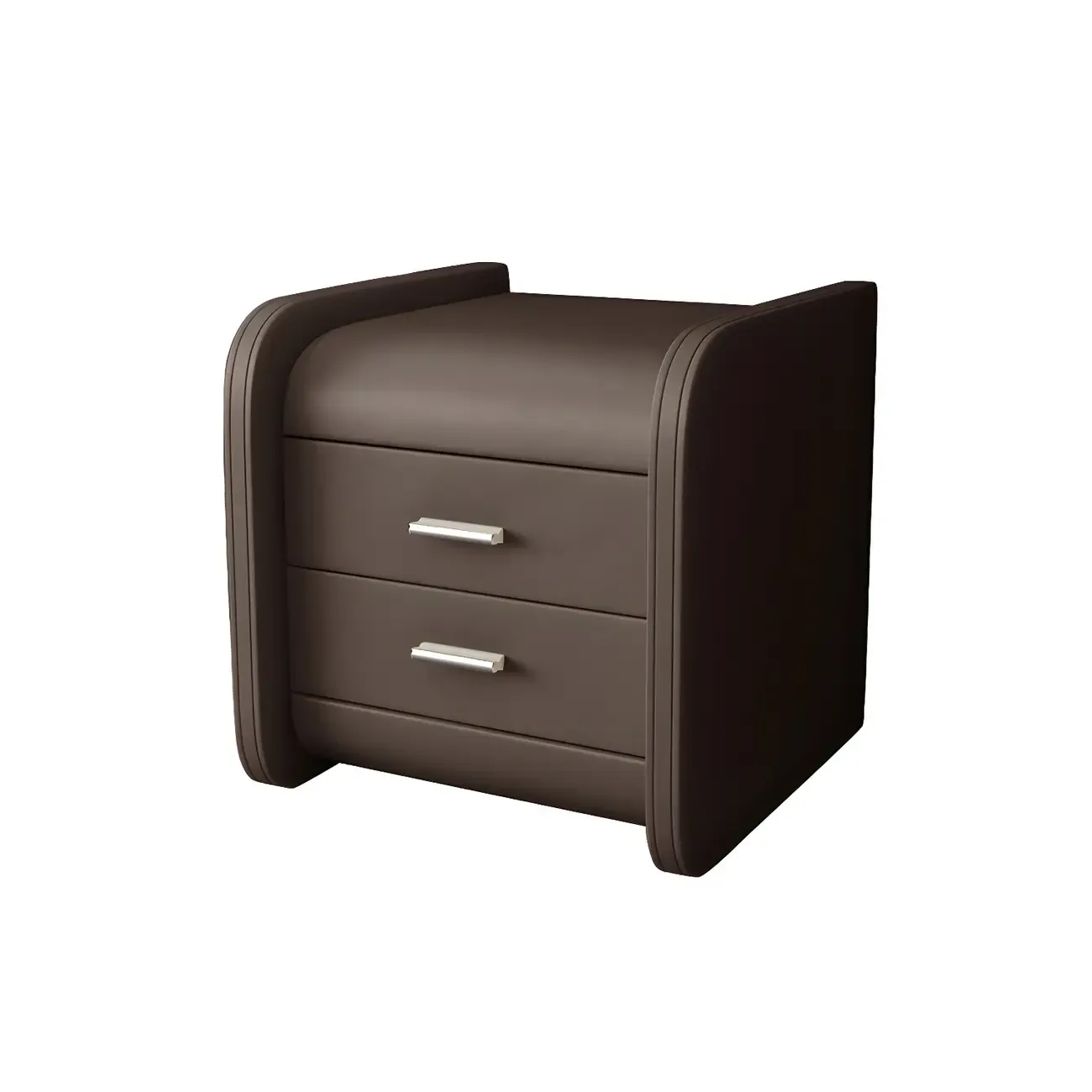 Modern Round Edge Nightstand with 2 Drawers in Beige Leather