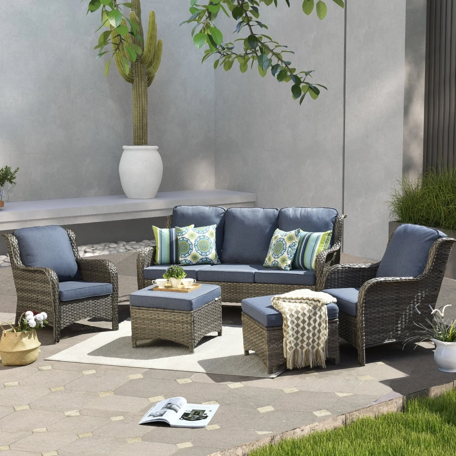 OVIOS 5-piece Patio Wicker High Back Conversation Set
