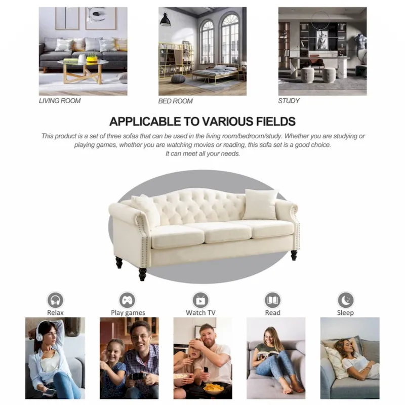 79 Chesterfield Sofa Grey Velvet for Living Room, 3 Seater Sofa Tufted Couch with Rolled Arms and Nailhead