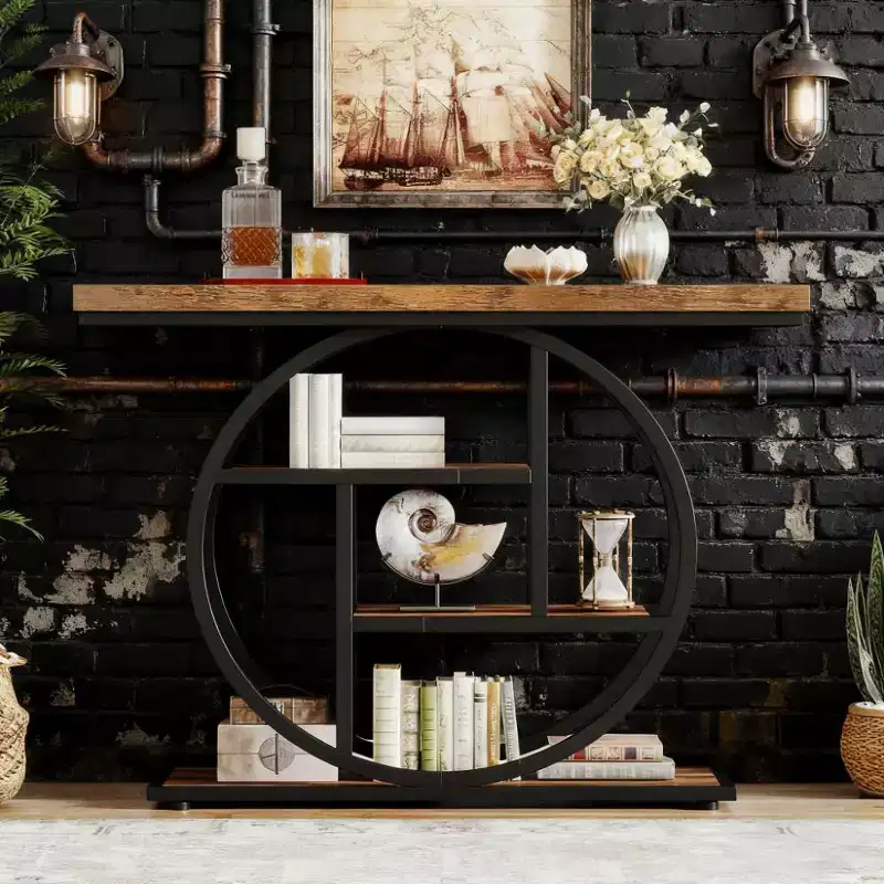 JVNOXK Industrial 4-Tier Wood End Table with Round Metal Frame