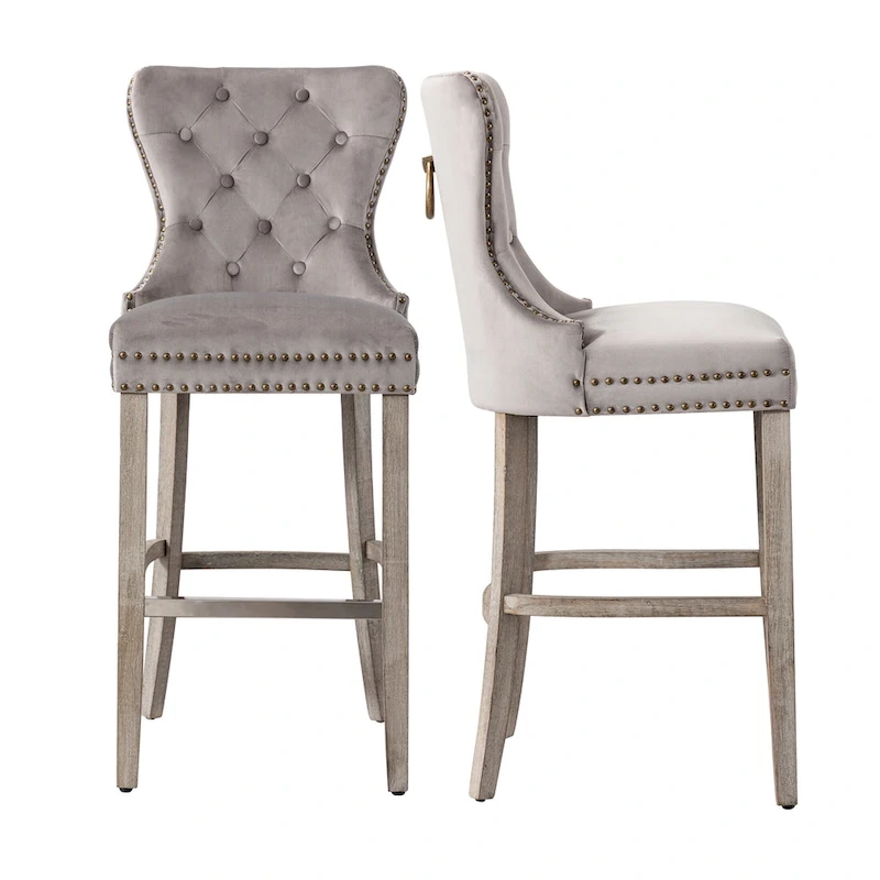 Carter 29  Wingback Tufted Nailhead Bar Stool (Set of 2), Antique Grey Legs