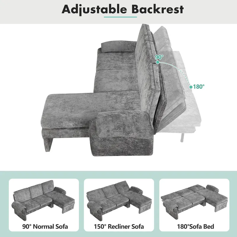 94.1 Chenille L-Shaped Futon Sofa with Adjustable Backrest & Reversible Chaise