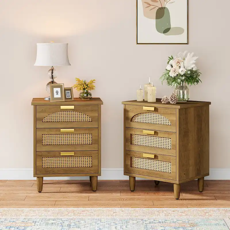 Green Wood Nightstand with Rattan Accents - 3 Drawer (20