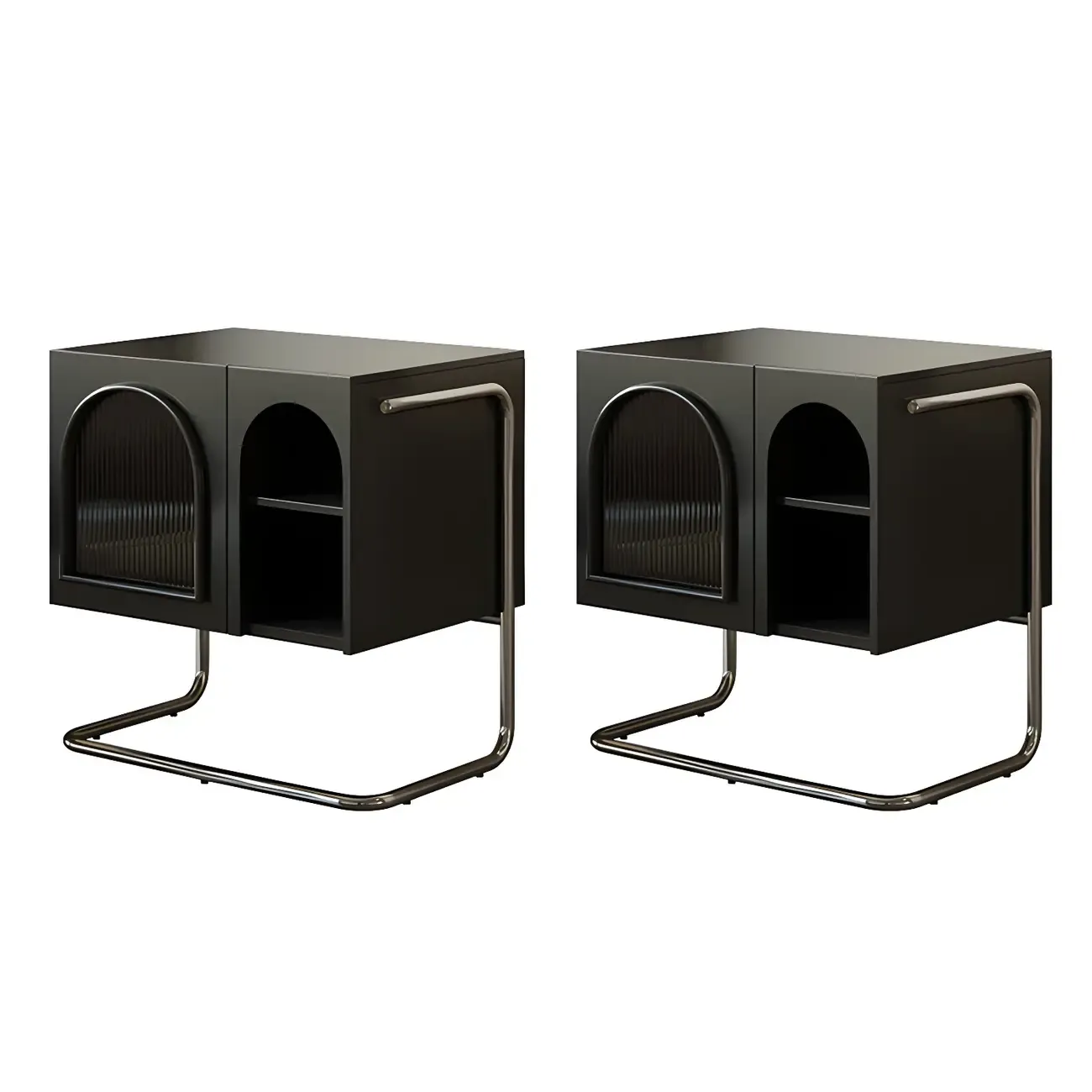 Narrow Cubic Wooden Black Nightstand in Steel Base