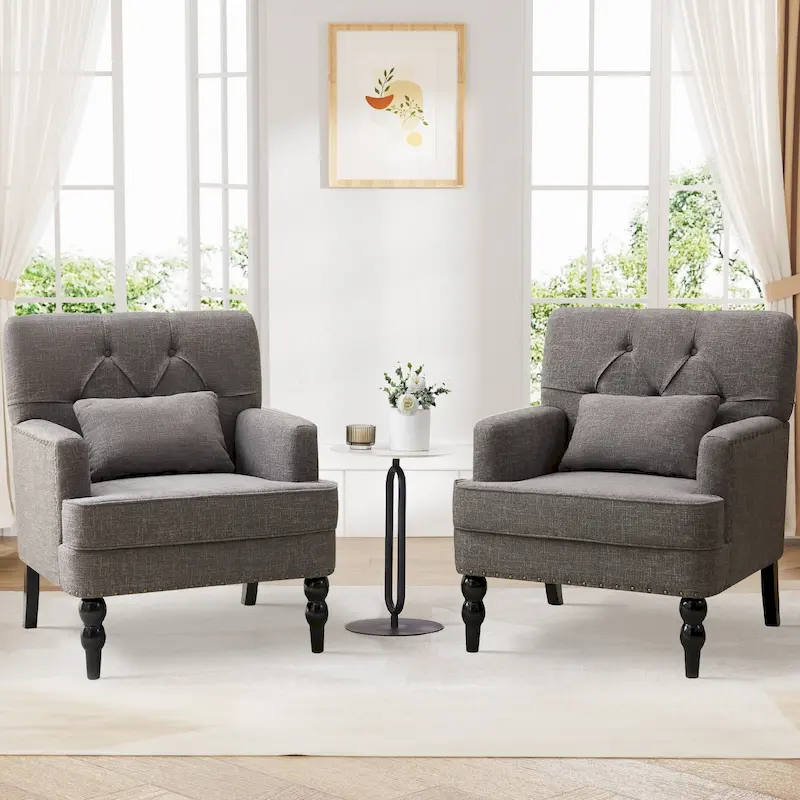 Set of 2 Arm Chair Upholstered Button Tufted Accent Chair with Lumbar Pillow Beige/ Grey/ Light Blue