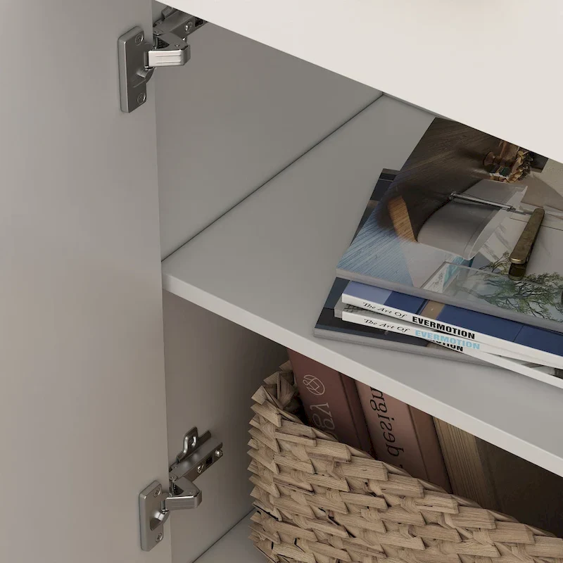 White Tall Linen Cabinet with 2 Doors, 1 Drawer & 2 Open Shelves