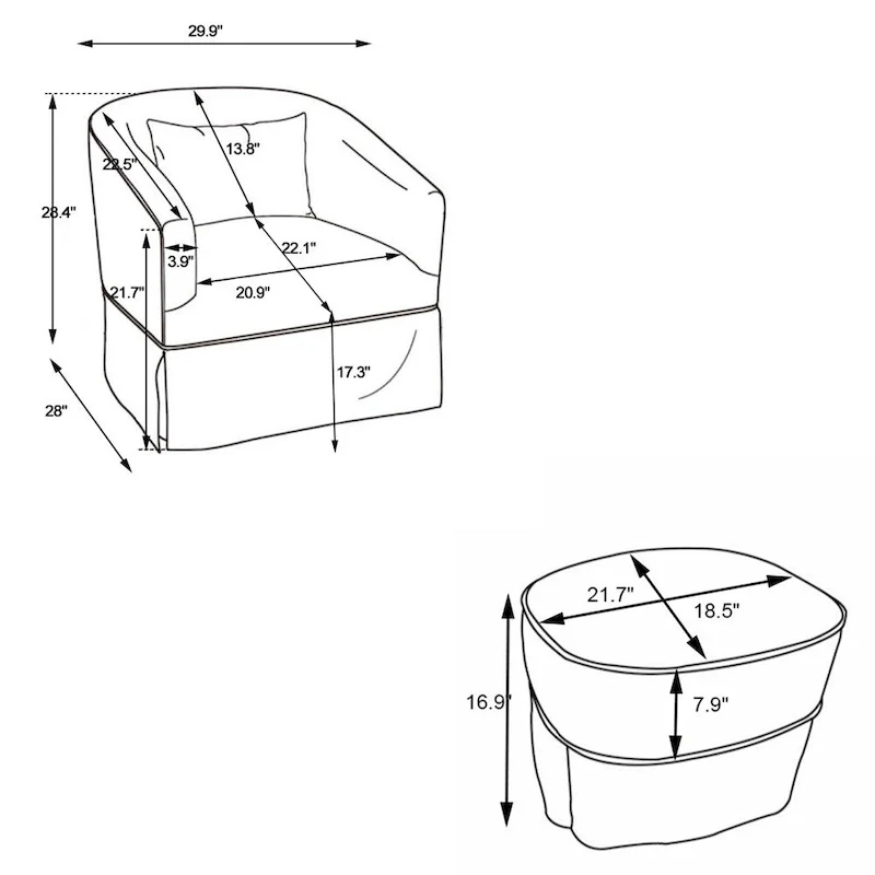 Swivel Barrel Chair with Ottoman and Black Metal Base