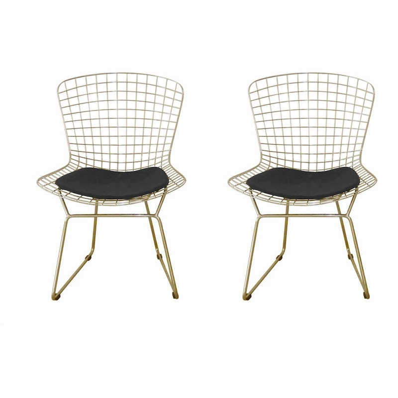 Hely 23 Inch Dining Chair Set of 2, 4 Cushions, Metal Cage Frame, Gold