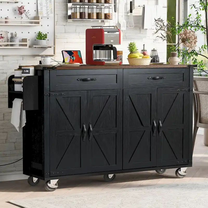 53.5 Farmhouse Kitchen Island Cart with Power Outlet, Drop Leaf, Spice Rack, and 2 Drawers, 5 Wheels