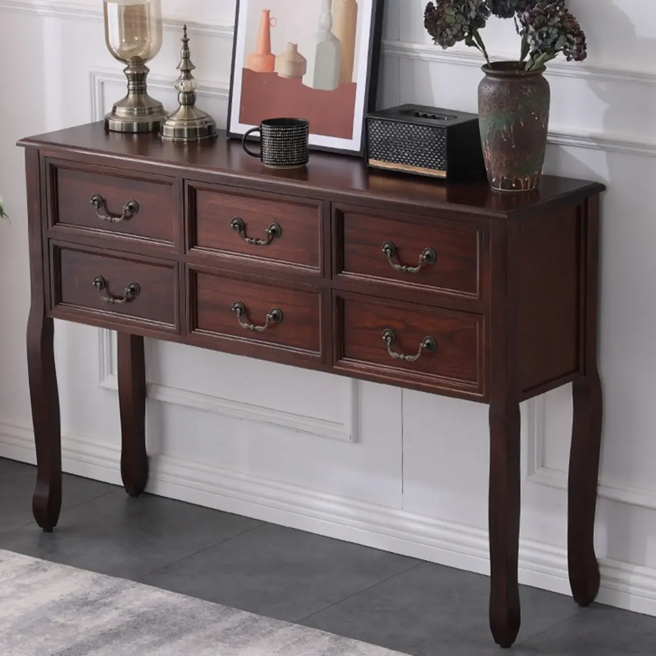 Rectangular Dark Walnut Console Table with Drawers