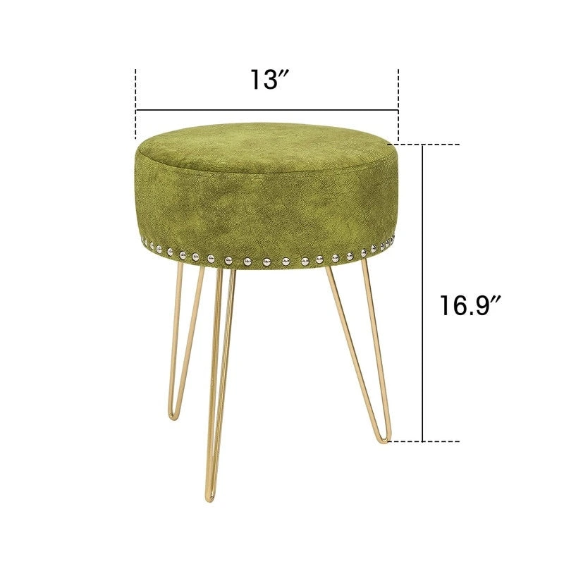 Adeco Round Footstool Ottoman Velvet Dressing Stool Gold Metal Legs