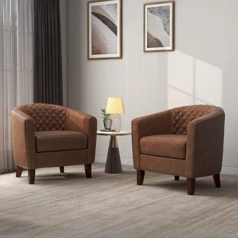 2 Set Vegan Leather Barrel Accent Chairs with Nailheads Trim