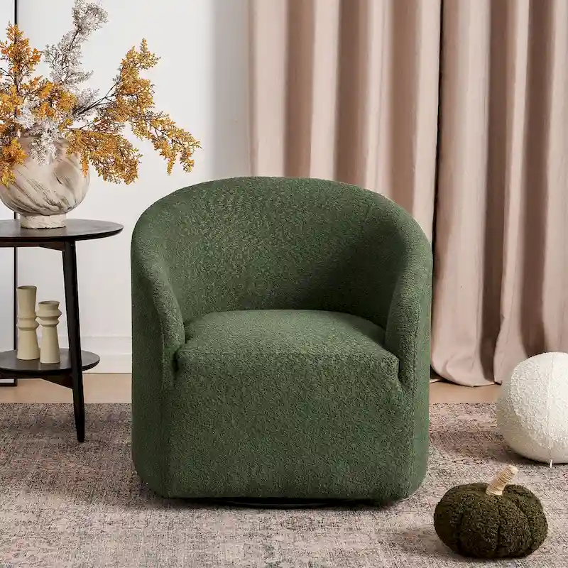 KINWELL 32W Boucle Upholstered Swivel Barrel Accent Armchair