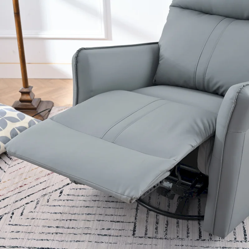 Blue-Gray PU Leather Swivel Glider Rocker Recliner with Pockets, Backrest