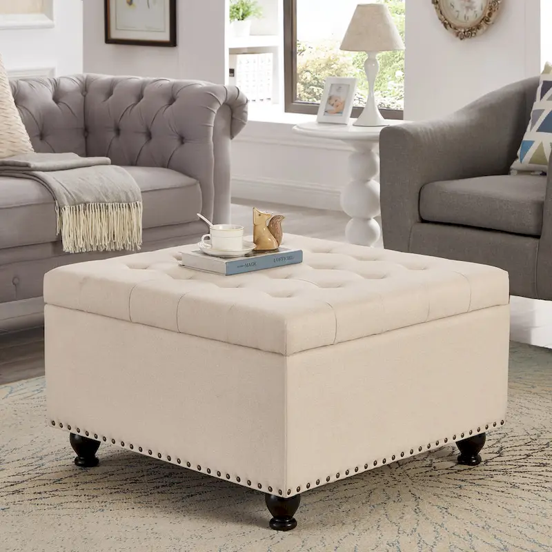 Large Square Storage Ottoman with Wooden Legs