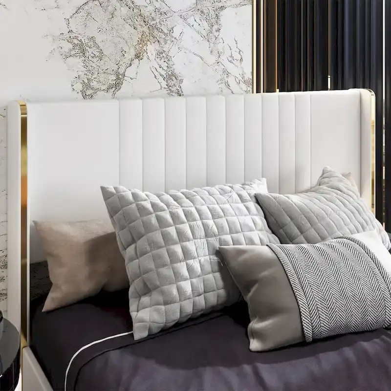 Modern Illuminated Bed Frame with Gold Trim - Chic Upholstered Design