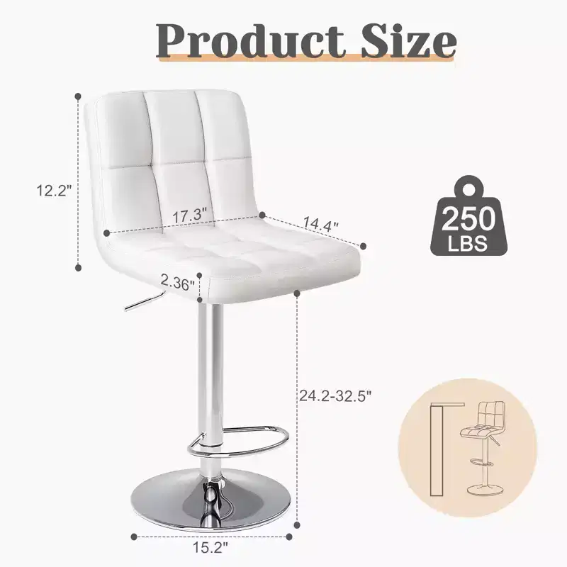 4-Pack Adjustable Swivel Bar Stools Set: PU Leather Counter-Height Stools with Square Back and Cushioned Seat (Modern Kitchen/Bar)