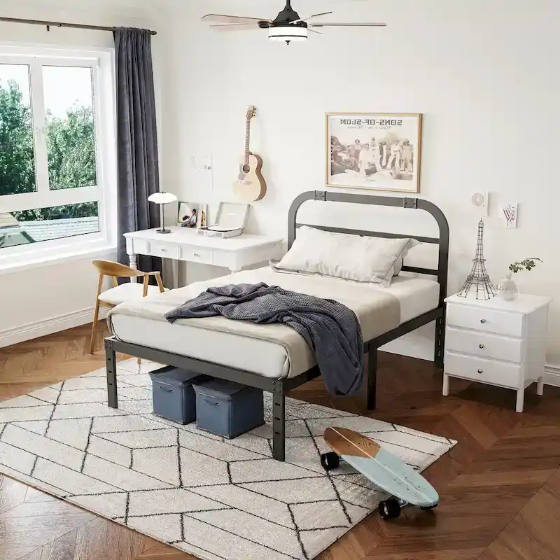 Black Metal Bed Frame with Headboard, 14
