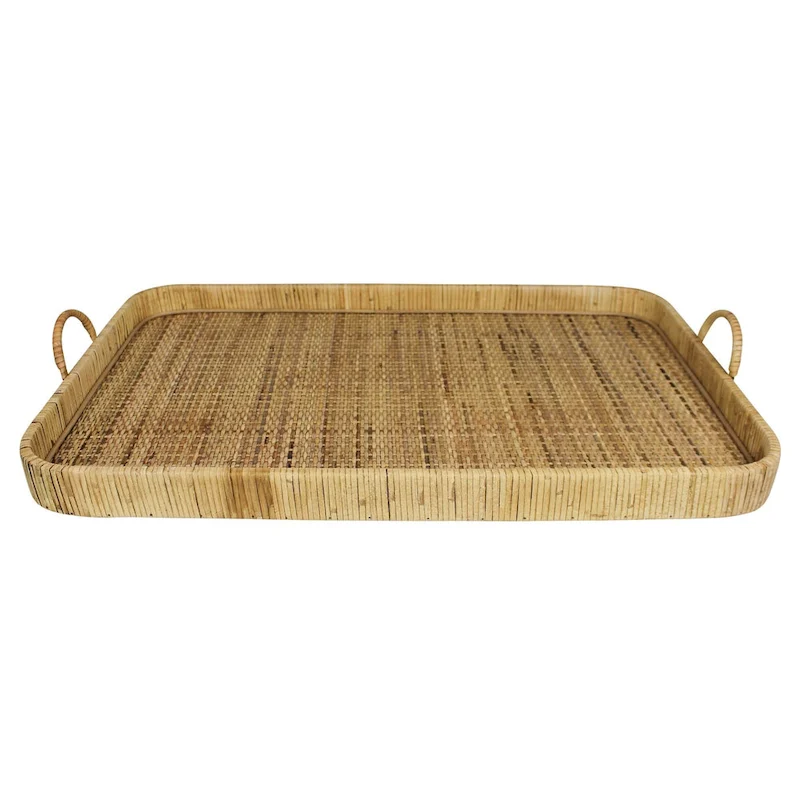 HomeRoots 28  Natural Rectangular Bamboo Serving Tray With Handles