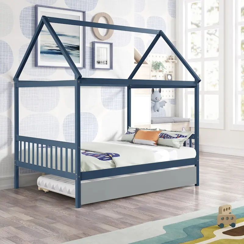 Pine Full House Bed with Canopy, Trundle, and Roof