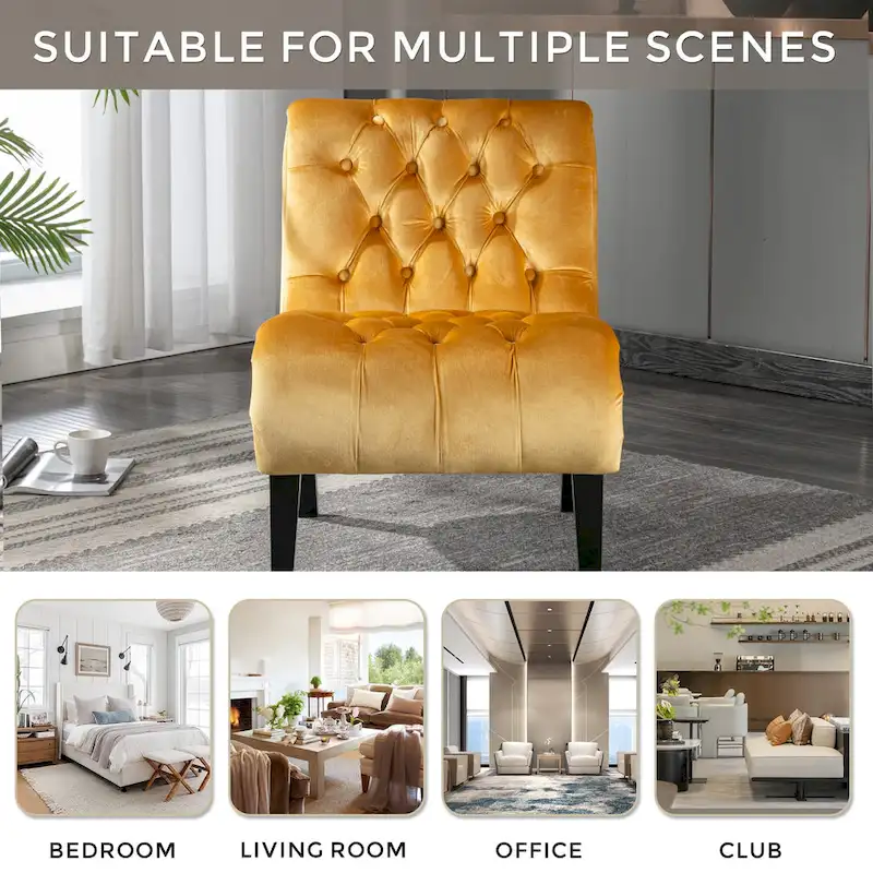 Velvet Armless Accent Chair with Wooden Legs and Thick Cushioned Seat