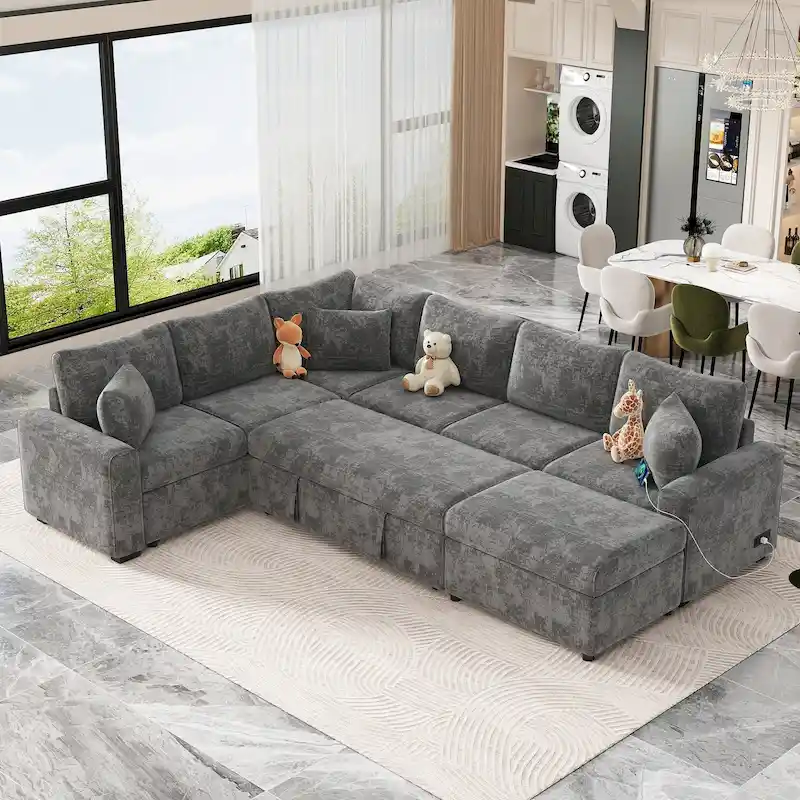 Roomfitters Sectional Sofa Pull-Out Bed Sleeper with Storage Ottoman, Three Pillows, and Built-In Charging Devices