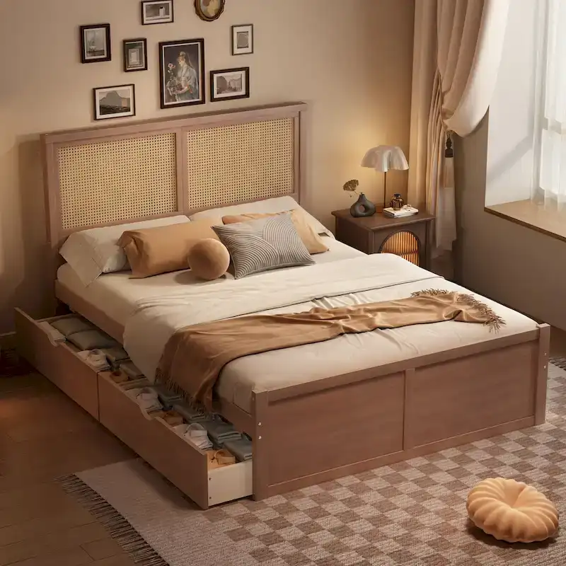 Wood Storage Platform Bed with 4 Drawers and Rattan Headboard