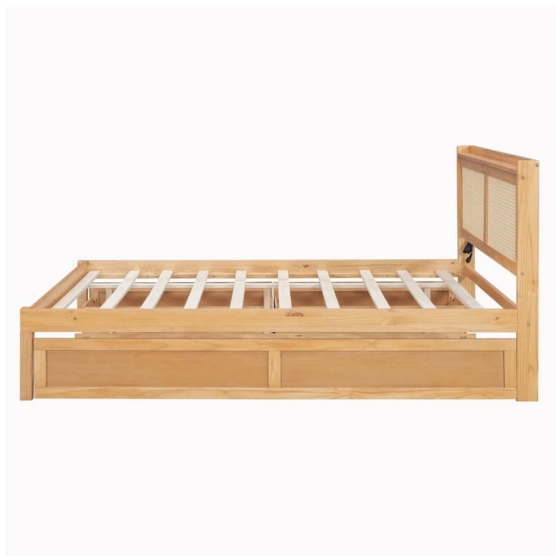 Elegant Bed Frame with Rattan Headboard and Sockets