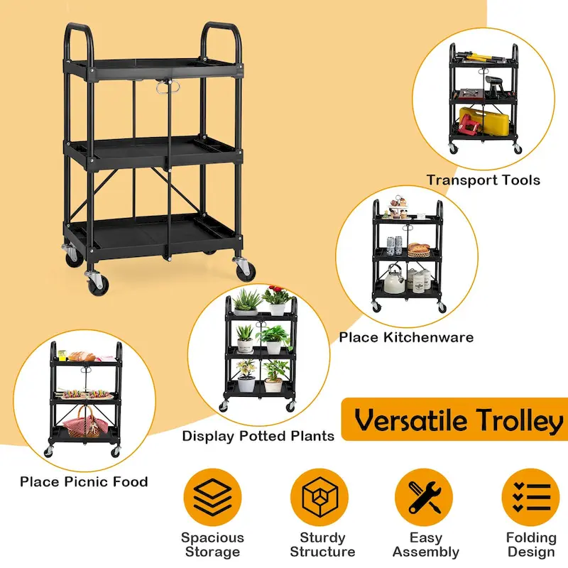 Folding Collapsible Service Cart Heavy-Duty 3-Shelf Tool Cart - 24 x 17 x 38 (L x W x H)