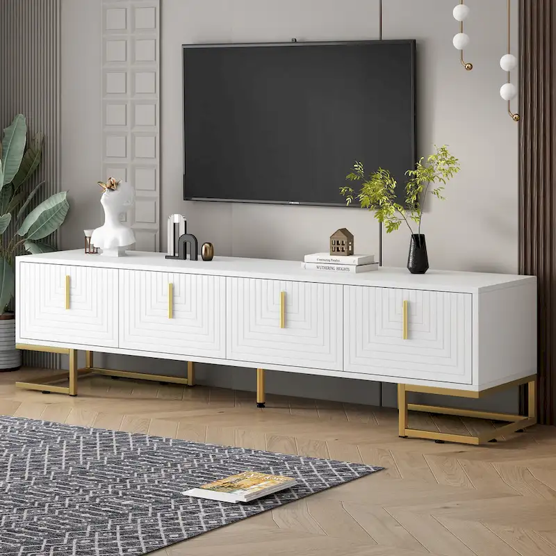 White+Gold 70.8 TV Stand with Gold Handles & Cabinets for 80 TVs