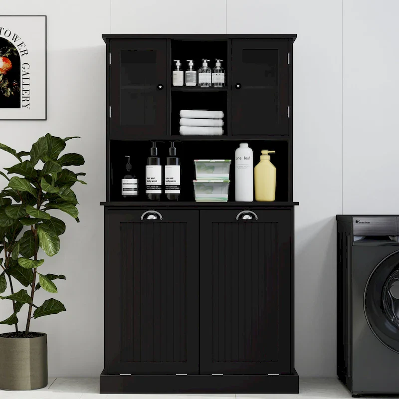 Two-Compartment Tilt-Out Dirty Laundry Basket Tall Bathroom Cabinet