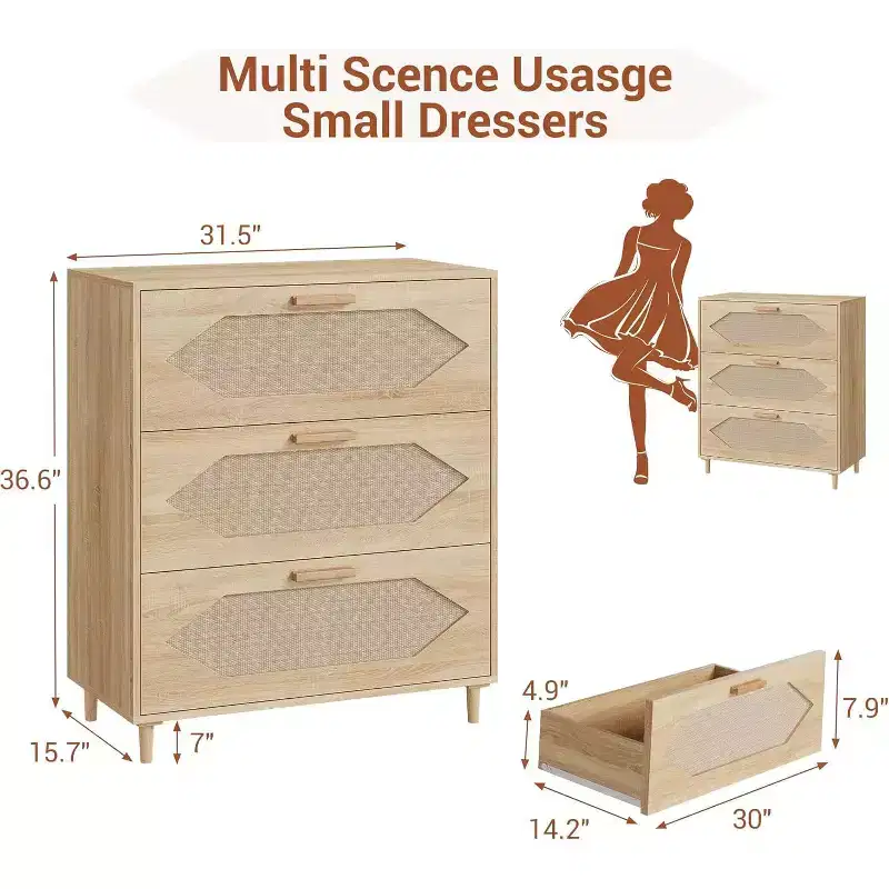 COZONY 3 Drawer Rattan Dresser, Rustic Oak Wood Chest of Drawers with Woven Fronts, Modern Storage Cabinet for Bedroom, Living Room, or Entryway