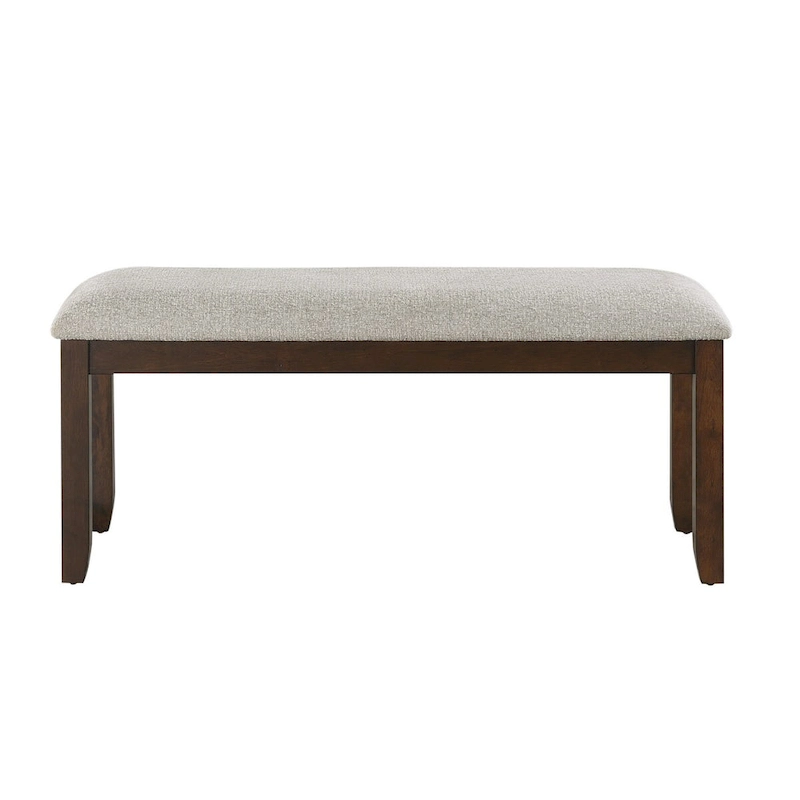 Humpty 43 Inch Bench, Gray Polyester Upholstery, Cherry Brown Solid Wood