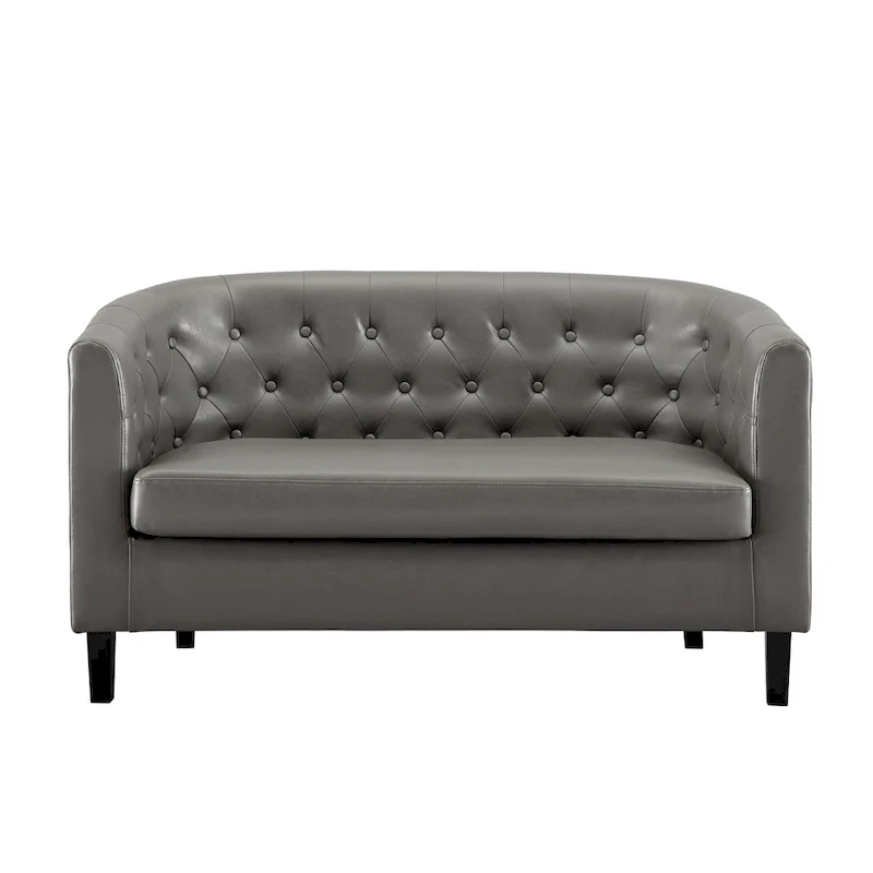 Midcentury Modern Button Tufted Faux Leather Barrel Loveseat - Comfy Tub Loveseat Sofa