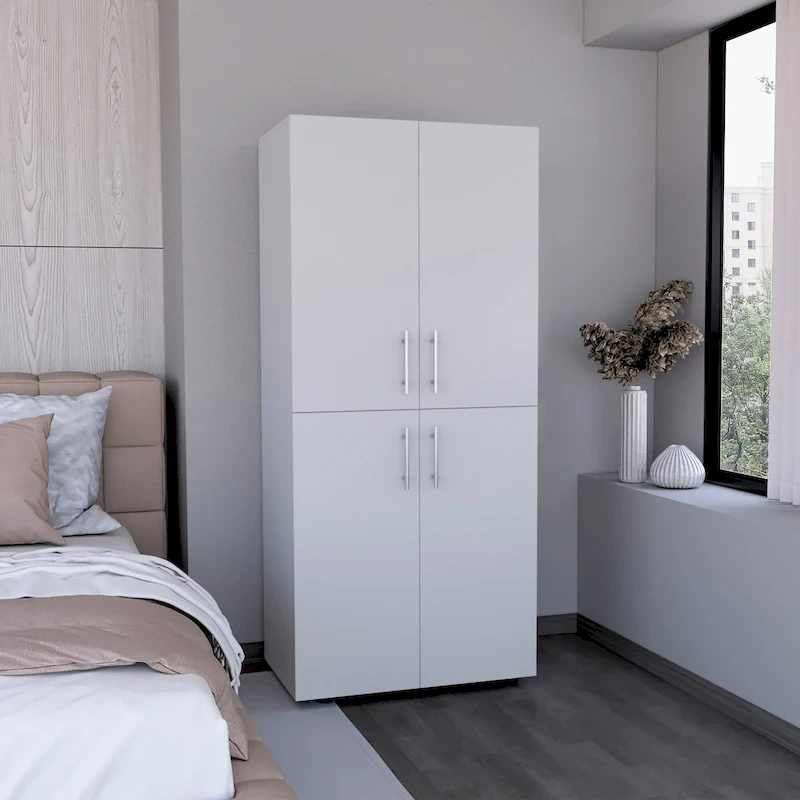 31.5 Modern Four-door Armoire with Six Shelves and Two Hanging Rods for Bedroom