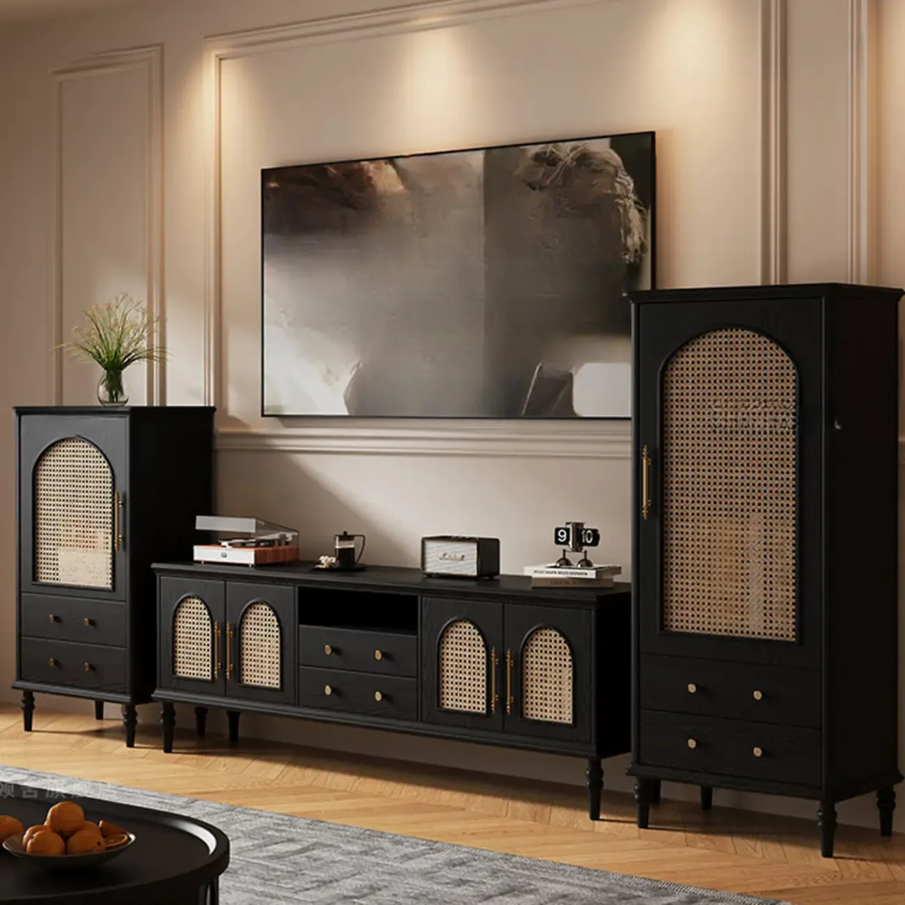 Traditional Wood Long Black TV Stand with Rattan Doors