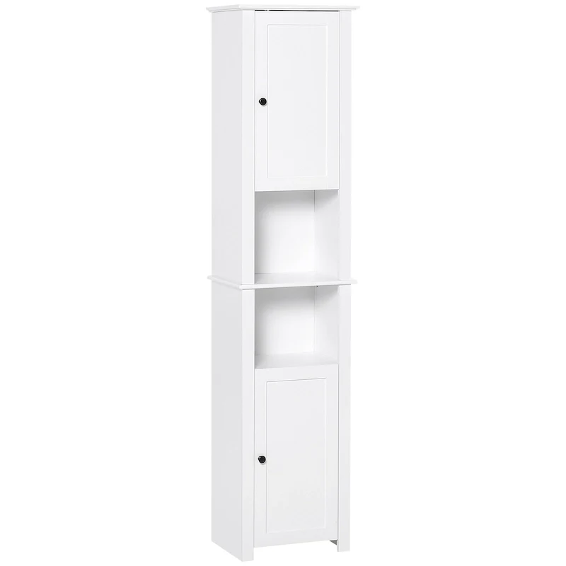 Tall Bathroom Storage Cabinet, Freestanding Linen Tower with 2-Tier Shelf and 2 Cupboards, White