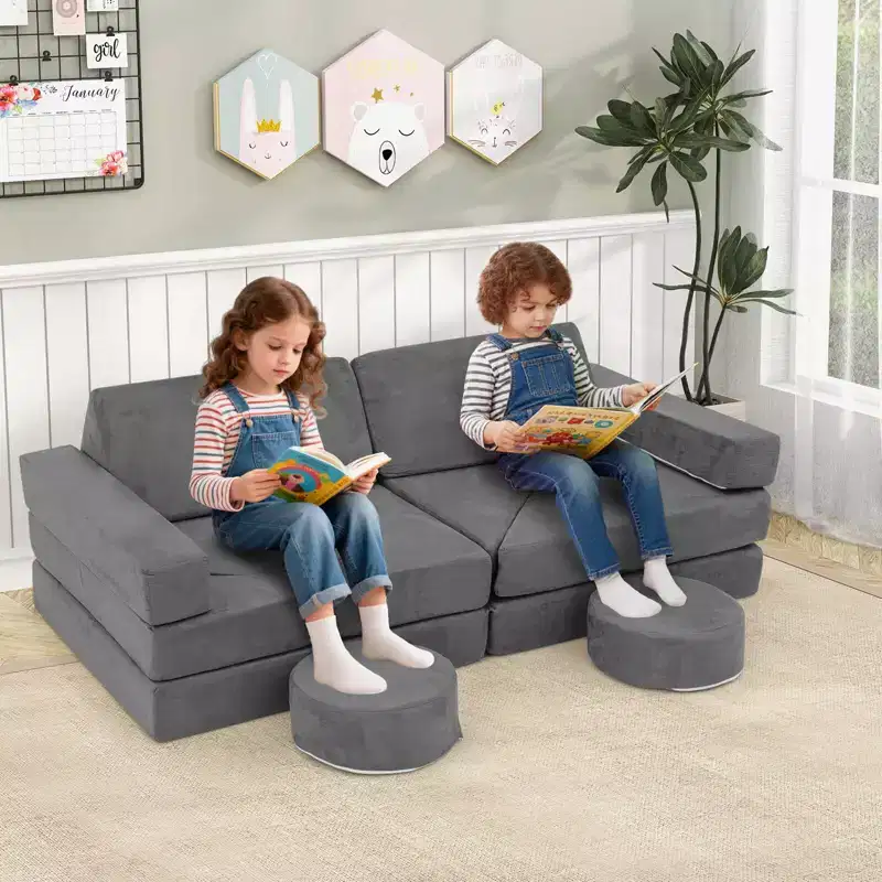 Costway 14 PCS Modular Kids Play Couch Child Sectional Sofa Toddler Soft Playset Blue/Gray/Yellow
