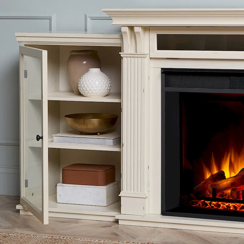 Tracey 84 TV Stand Electric Fireplace in Distressed White by Real Flame