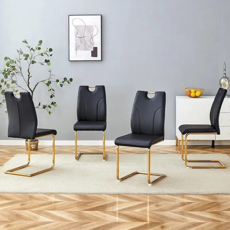 PU Dining Chair Set, Uniquely Designed Black Dining Chairs, Pu Material, Paired With Gold Metal Chair Legs (Set Of 4)