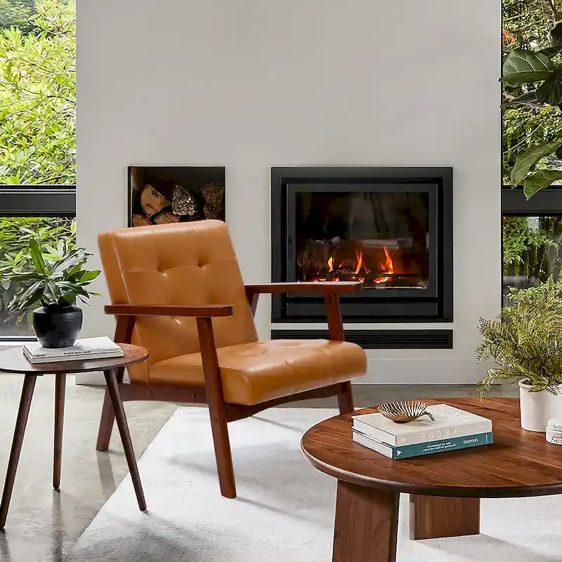 Mid-Century Armchair - Brown Faux Leather, Rubberwood Frame, 24.13W x 29.9H, Single Seat, 250 lbs