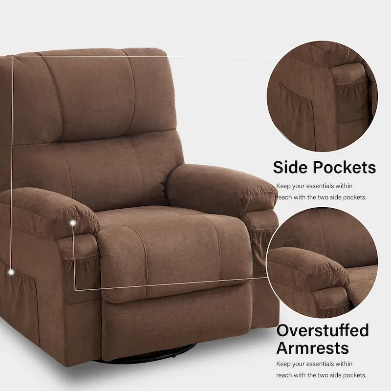 360 Linen Swivel Rocker Recliner with Side Pockets