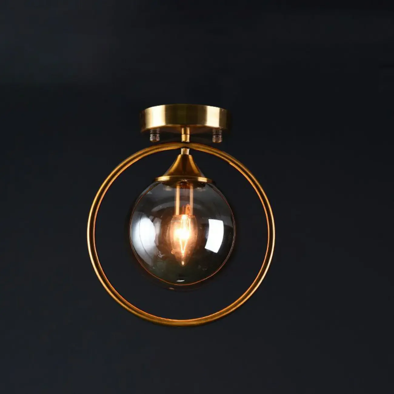 1-Light Circular Brass Glass Ball Semi Flush Ceiling Light