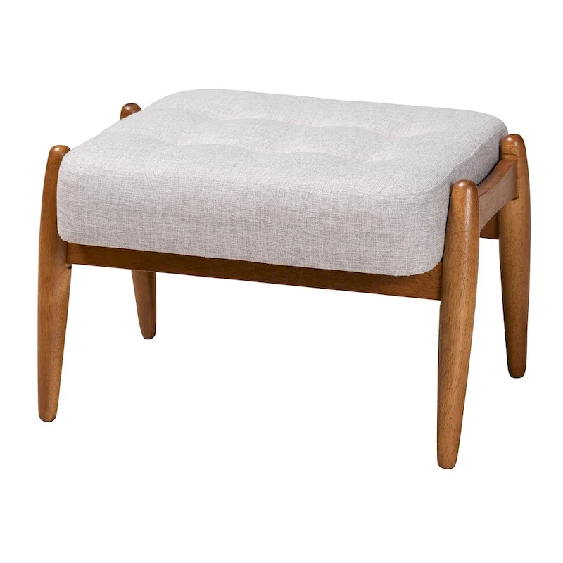 Jeanine Japandi Dark Grey Fabric and Walnut Brown Finished Wood Ottoman Footstool