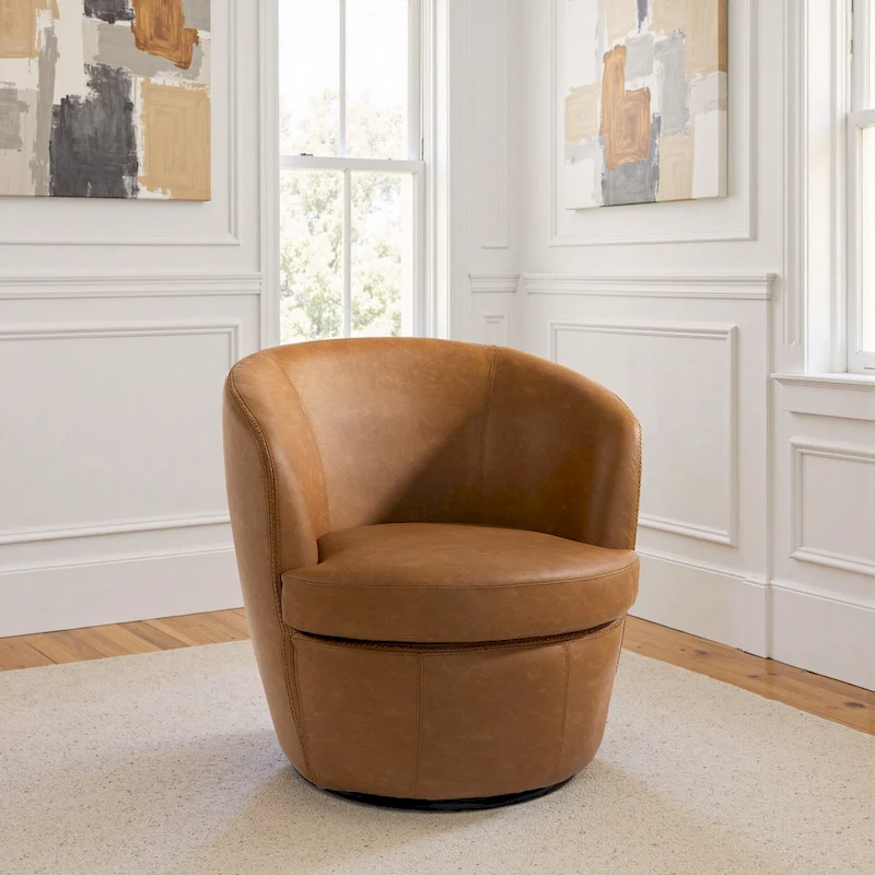 Modern Swivel Leather Accent Chair Upholstered Barrel Chair