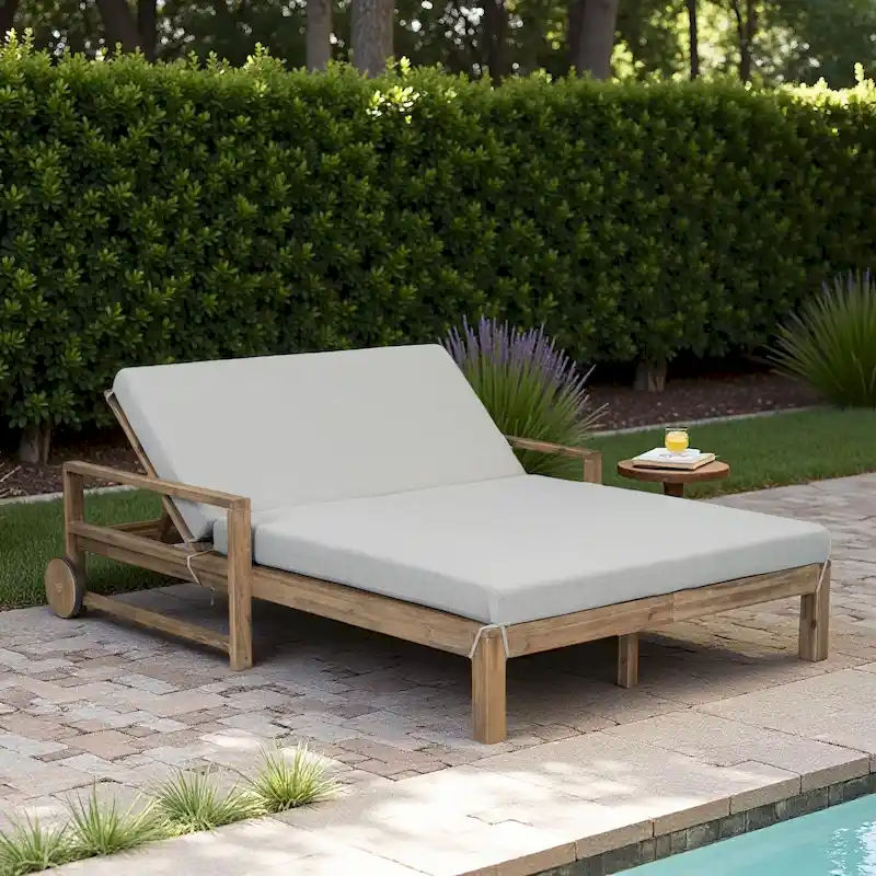 Outdoor Patio Solid Wood Double Daybed Sunbed with Adjustable Backrest and Wheels