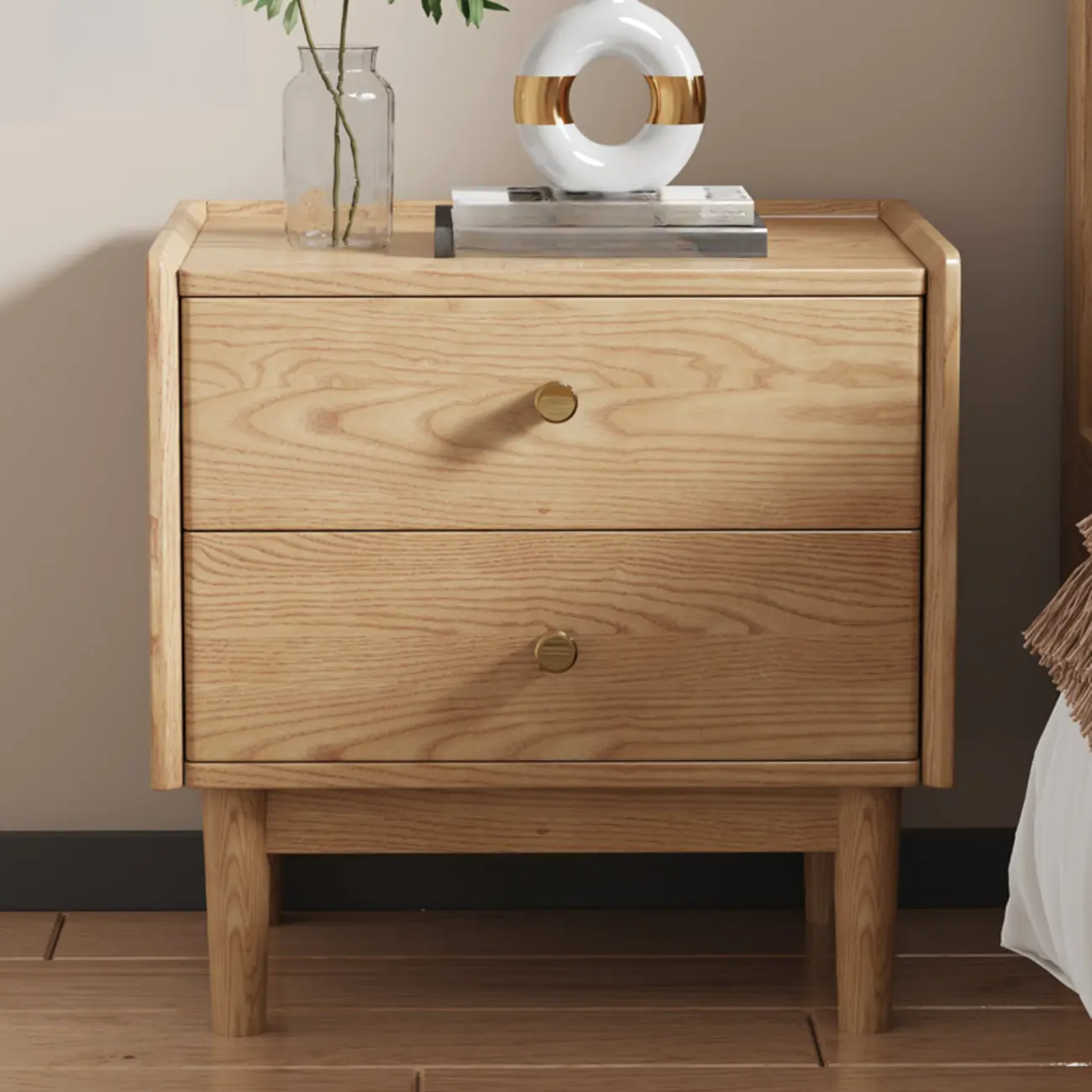 Scandinavian Brown Ash Wood 2-Drawer Nightstand