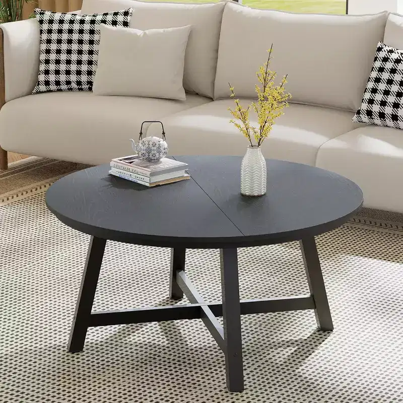 Round Coffee Table 36 Large Center Table Black Accent Tables with Adjustable Feet, Thickened Legs and Designed Wood Grain for Home Office