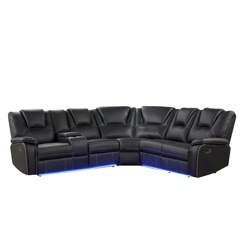 Modern Faux Leather Manual Reclining with Center Console with LED Light Strip,Living Room Furniture Set,PU Symmetrical Couch