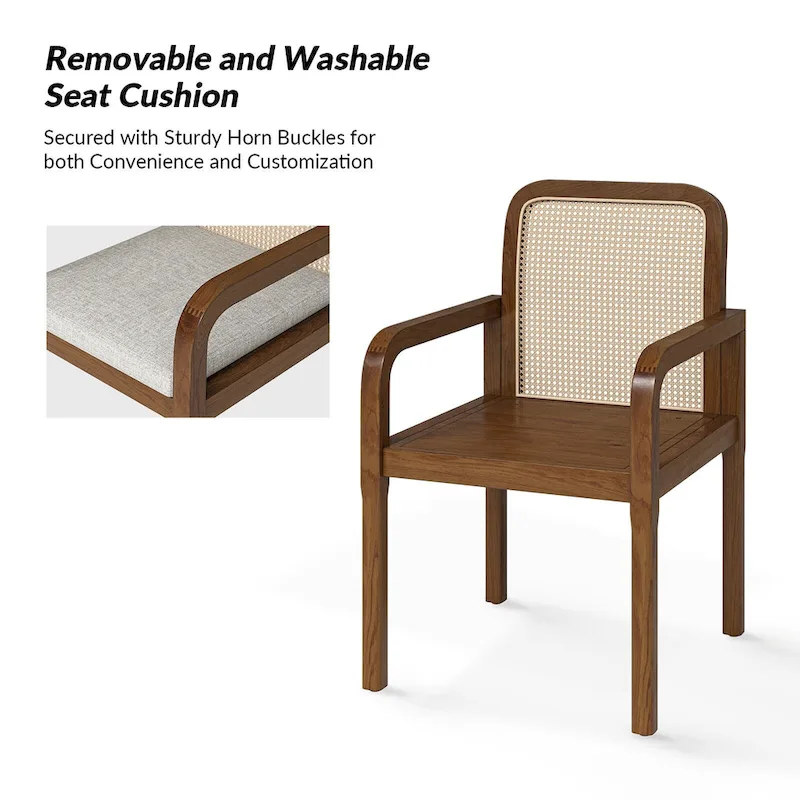 Modern Rattan Back Dining Chair with Removable Cushion - Rubber Wood Frame, Linen Upholstery